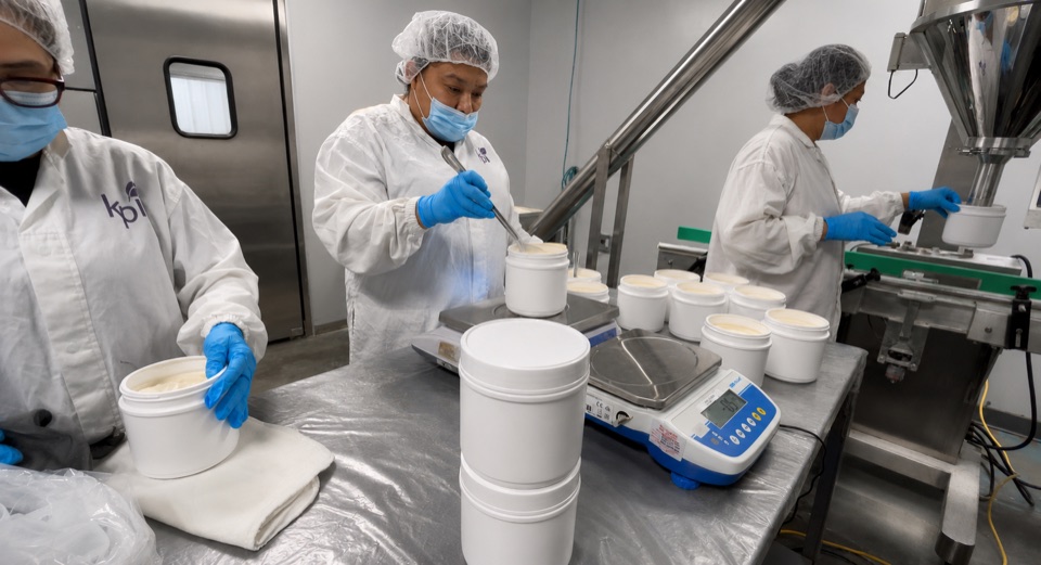 Kelker Pharma team member hand-filling a powder product on the production floor